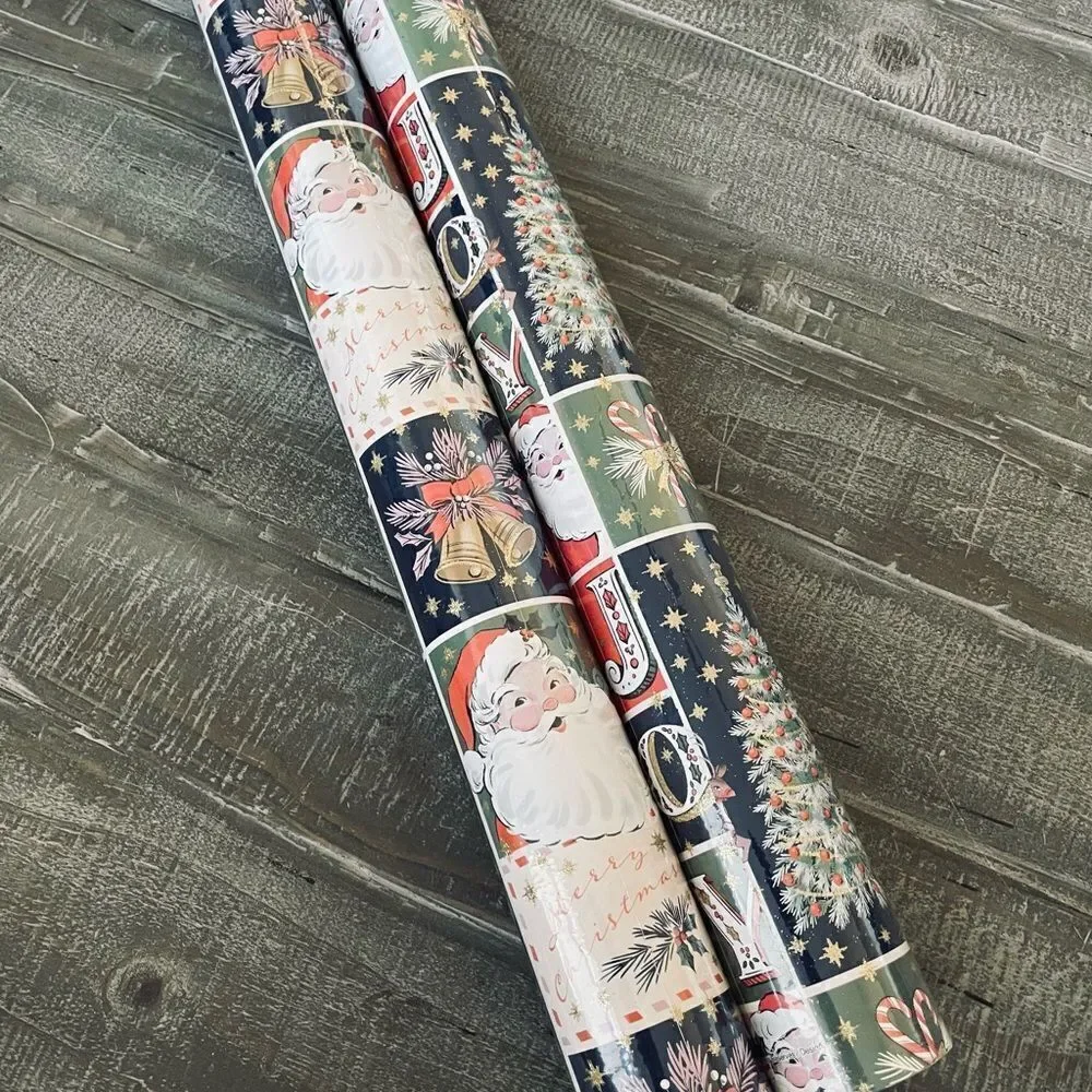 Vintage Patchwork Nostalgic Santa Joy Wrapping Paper Gift Wrap Roll